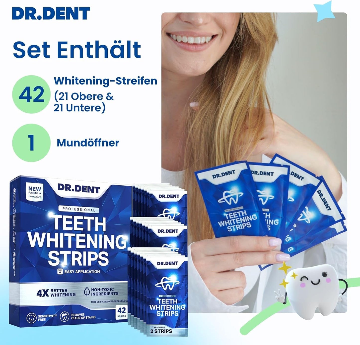 👨‍⚕️Von der CED empfohlen✅Professional Zahnaufhellungsstreifen 21 Anwendungen - Zahnschmelz-sicher - Ohne Schmerzempfindlichkeit - Professionelle Zahnbleaching Strips - 42 Streifen + Mundöffner Inklusive