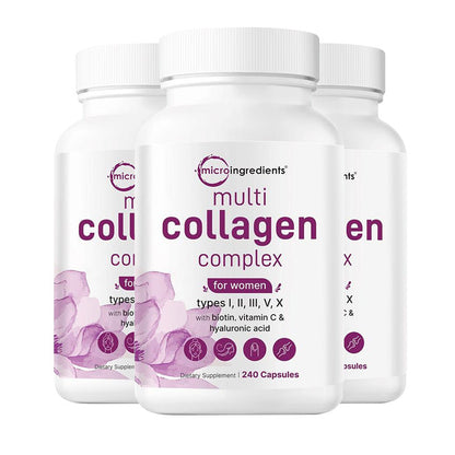 Mikro-Inhaltsstoffe: Multi-Kollagen-Komplex, 240 Kapseln | Typ I, II, III, V, X mit Hyaluronsäure, Biotin, Vitamin C | Hydrolysierte Proteinpeptide